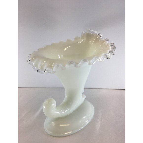 Vtg Fenton Silver Crest Milk Glass Cornucopia Ruffled Candle Holder 6.5'' Tall - Picture 8 of 8